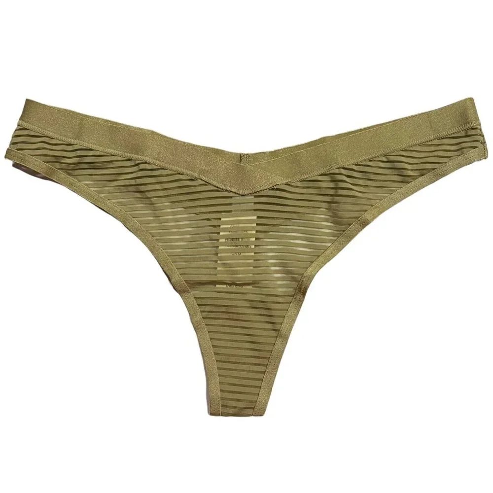 NWT AERIE High Cut Thong Sz M Olive Green Sheer Stripe